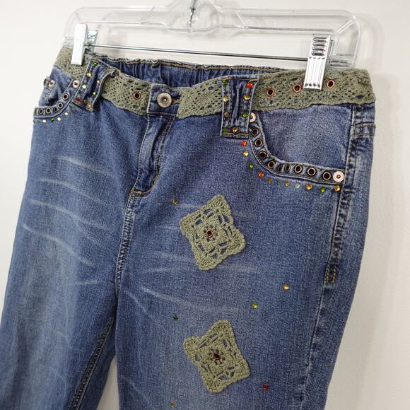 Vintage Y2K American Star Green Crochet Bedazzled Cropped Blue Jeans Size Large - Picture 4 of 10